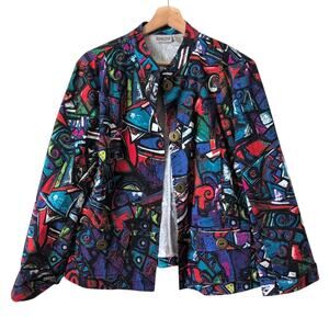 Chico's Jacket Size 2 Large Abstract Art to Wear Colorful Funky Blue Red Blazer